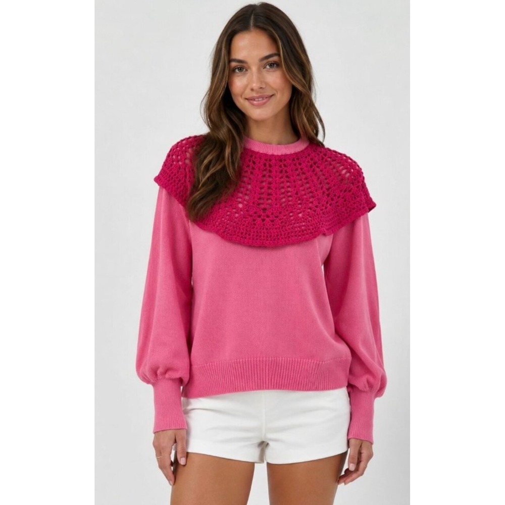 NEW Tuckernuck Petunia Crochet Collar Sweater Womens M Pink Puff Sleeve Preppy